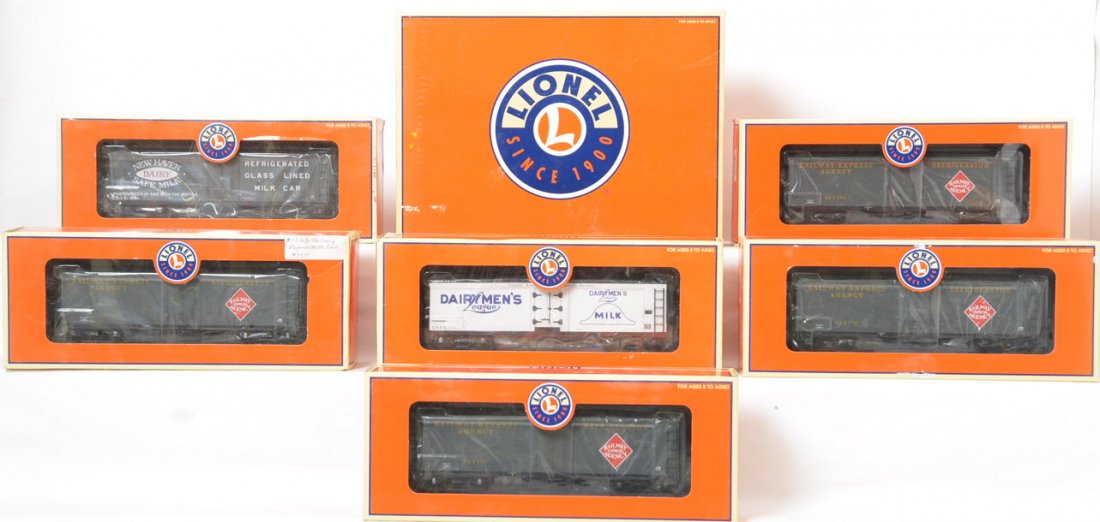 9 Lionel milk cars 21856, 17364, etc: Lionel modern O gauge milk cars in OBs. Nine cars include three 17364 REA, 17365 REA, 17341 DairymenÃ•s League, 21856 Bowman Dairy three pack, and 17367 New Haven. Cars are generally C8. OBs have s