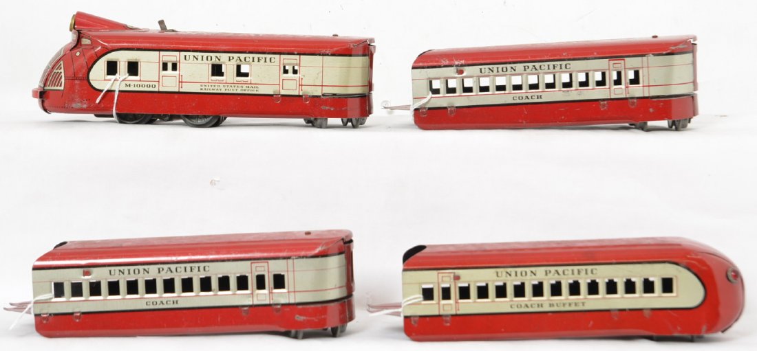 Marx M-10000 Union Pacific articulated diesel passenger: Marx O gauge Union Pacific M-10000 articulated diesel passenger train with US Mail RPO power unit, two coaches, and coach buffet observation. Train looks very nice C6.