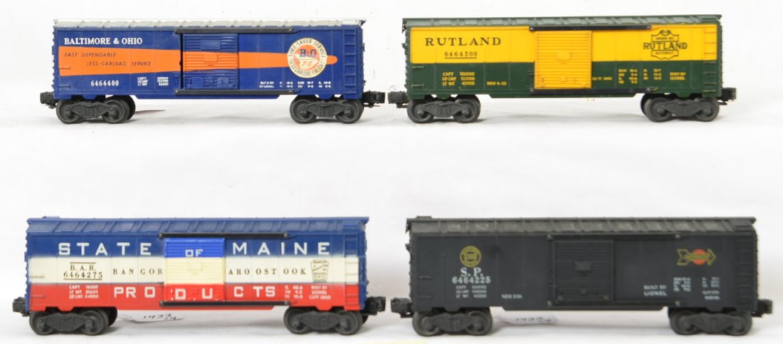 Lionel 6464-225, 6464-275, 6464-300, and 6464-300: Postwar Lionel O gauge 6464 series boxcars that should clean and polish C6-7 area. 6464-225 Southern Pacific, 6464-275 BAR State of Maine Bangor and Aroostook, 6464-300 Rutland, and 6464-400 Baltimore