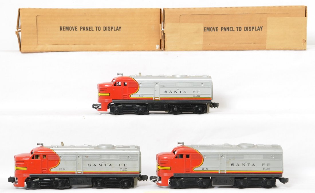 Lionel 218P in OB, 220P in OB, and 218T no box: Postwar Lionel O gauge 218P Santa Fe, 218T Santa Fe, and 220 Santa Fe Alco diesel A units, C6. 220 has a cracked pilot. 218P and 220-P boxes look C8.