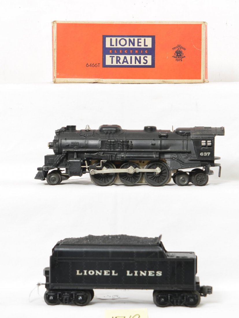 Lionel 637 steam loco and 6466T tender w/OB: Postwar Lionel O gauge 637 steam locomotive and 6466T Lionel Lines semi-Scout tender. Trains should clean C6-7. 6466T OB missing inner coupler flaps, square and solid.
