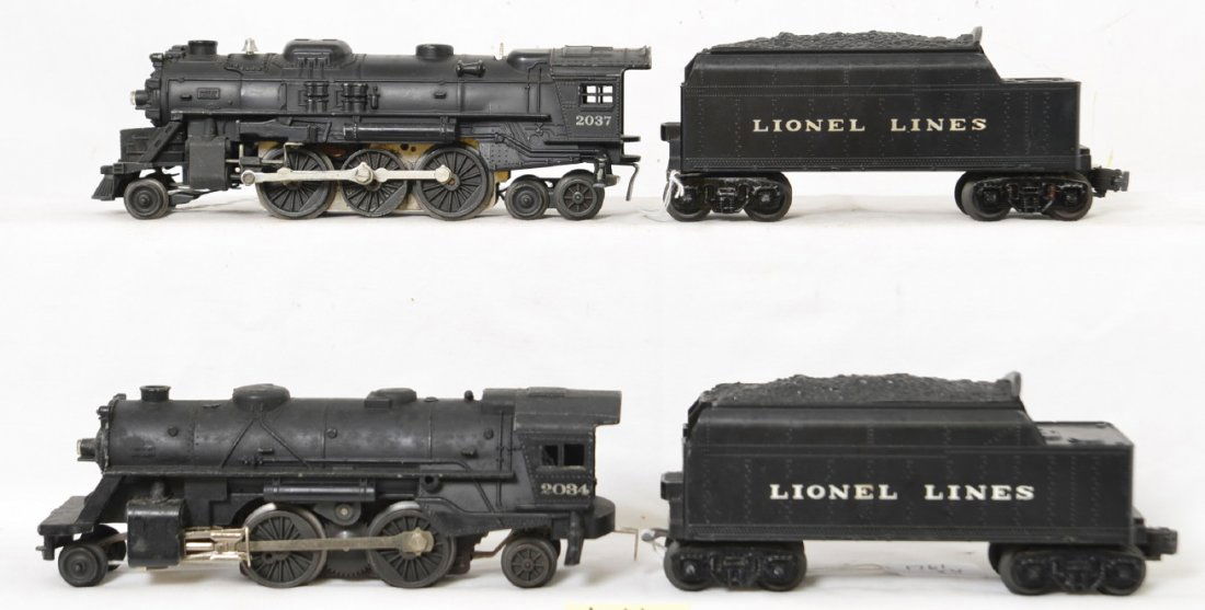 Lionel 2034, 2037 steam locos w/semi-Scout tenders: Postwar Lionel O gauge 2034 and 2037 steam locomotives both with Lionel Lines semi-Scout tenders. Trains should clean better C6-7.