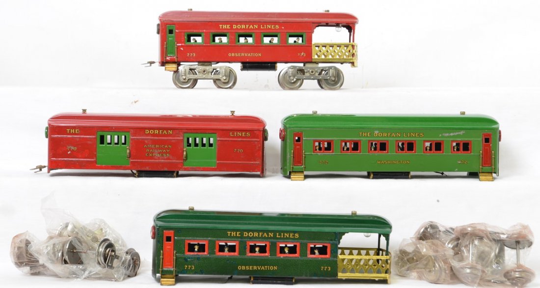 The Dorfan Lines wide ga. 773, 770, 772, 773: Prewar Dorfan wide gauge passenger cars with touchups, restoration, missing parts, repro replacement parts, etc. 773, 770, 772, 773. Trains are sold as they are shown in our photos with NO returns.