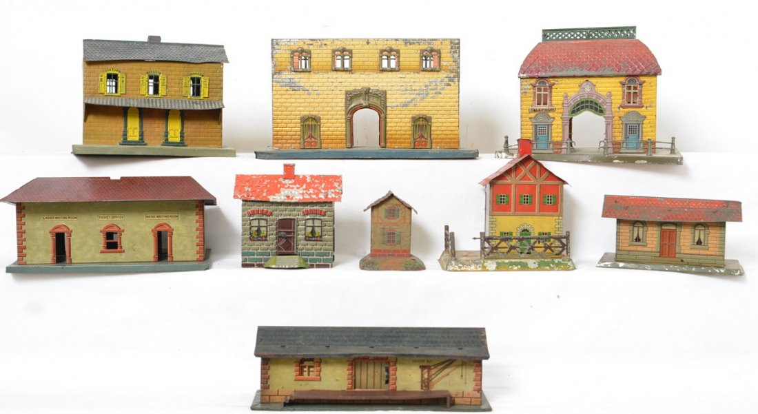Eight prewar Bing and others, railroad buildings,: Large group of prewar European O/Standard gauge railroad buildings and stations for the layout. Three are marked Bing. Group is sold as it is shown in our photos with NO returns.
