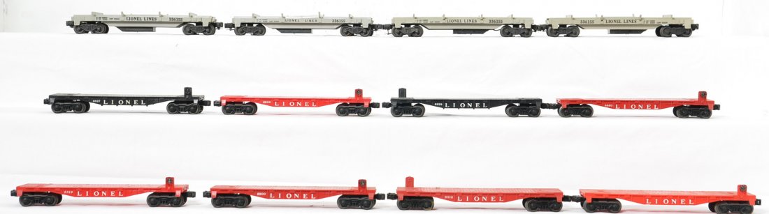 Lionel lot of cars 6017, 6812, 6800, 3361, etc: Lionel Postwar O gauge box lot of cars including 6017 x7, brown 6037, 6257 x3, 6047, and unnumbered red caboose. Flat cars include 6827, 6828, 6800, 6812, 6819, 6660, 6800, 3361 x4. This is a General