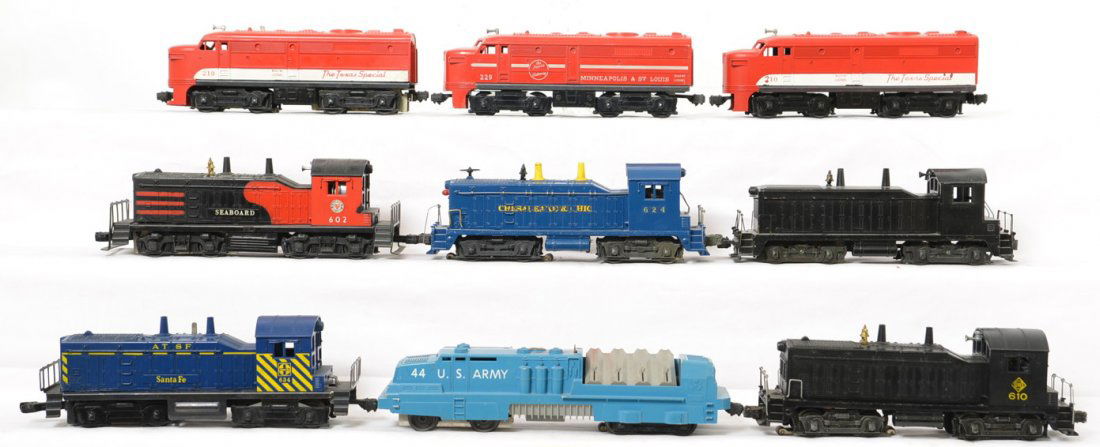 Lionel group of parts locos 634, 44, 229, 610, etc: Lionel Postwar O gauge lot of parts engines including 634, 44, 229, 610, 602, 6026W, three trolleys, GMC switcher, three sheet metal tenders, 3927, 210, 624, 210, and a 2321 shell. Sold as is.