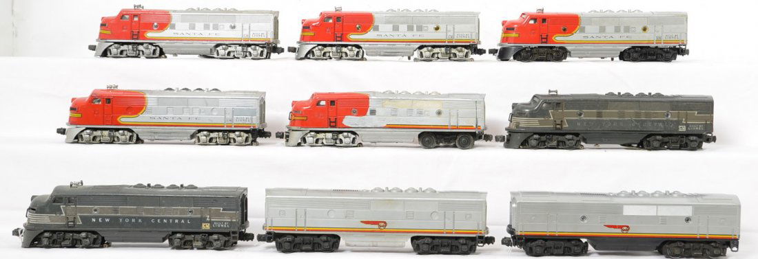 Lionel F3 sets Santa Fe New York Central 2353, 2344: Lionel Postwar O gauge Santa Fe F3Ã•s. Including 2353 powered, 2353 powered, 2353 dummy, 2343 powered, 2243 powered unit. Two B units and a pair of New York Central 2344 A-A units. Sold as is shown