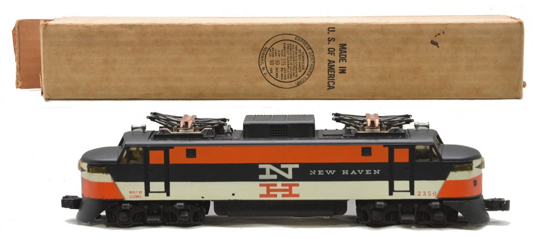 Lionel 2350 New Haven EP5 Electric Loco: Lionel postwar 2350 New Haven EP5 electric loco, the version that has the decaled nose trim with a white N and orange H in OB. One side of the cab has a crack, otherwise loco is C6. The box is missing