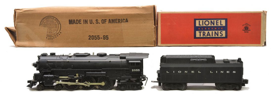 Lionel 2055 Steam Loco 6026W Tender Boxed: Lionel postwar 2055 black steam loco with a 6026W tender both in OBs, C8. The OBs have most all flaps attached.