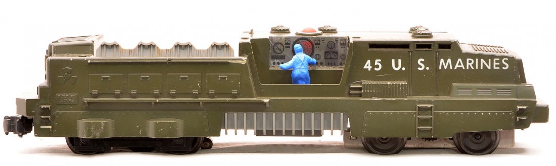 Lionel 45 Olive Drab U.S. Marines Mobile Launcher: Lionel postwar 45 olive drab U.S. Marines mobile launcher with a reproduction figure, C6-7.