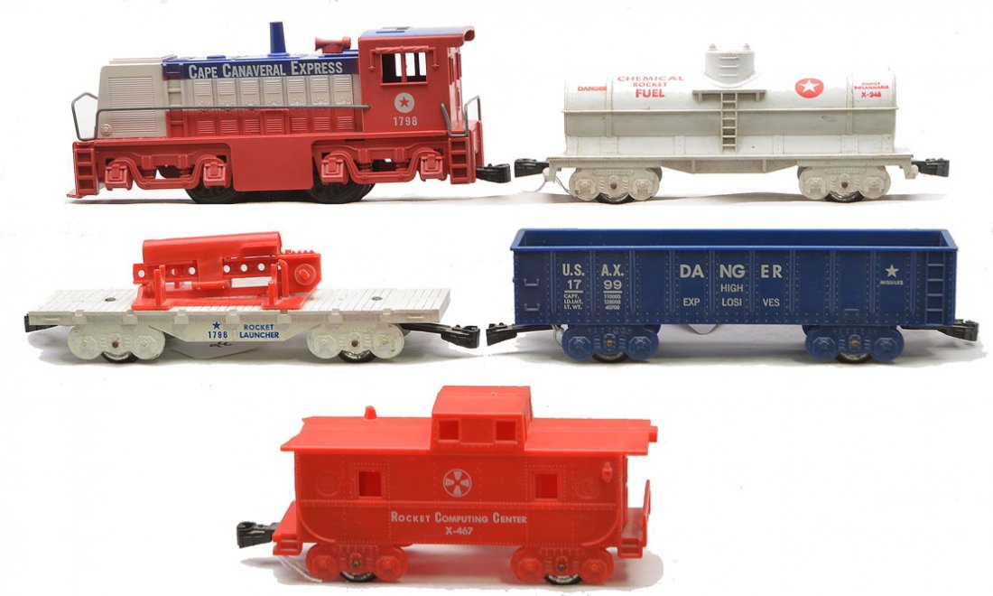 Marx Cape Canaveral Freight Set no. 7530: Marx Cape Canaveral freight set no. 7530 including; 1798 GE 70-ton switcher, 1796 white flatcar with rocket launcher, 1799 USAX blue gondola, X-246 white Chemical Rocket Fuel tank, X467 red Rocket Com