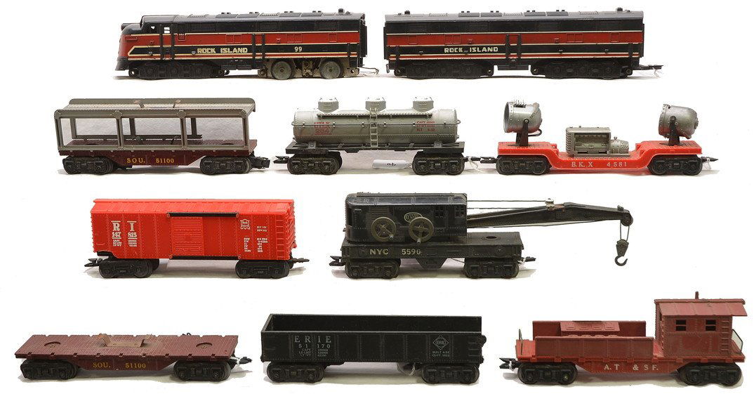 Marx 99 RI EMD E7 AB Units and Freight Cars: Marx 99 Rock Island EMD E7 AB diesel units with freight cars including; two 51100 Southern car loaders, one missing autos and has wrong truck and one is missing the upper carrier section, 147815 Rock