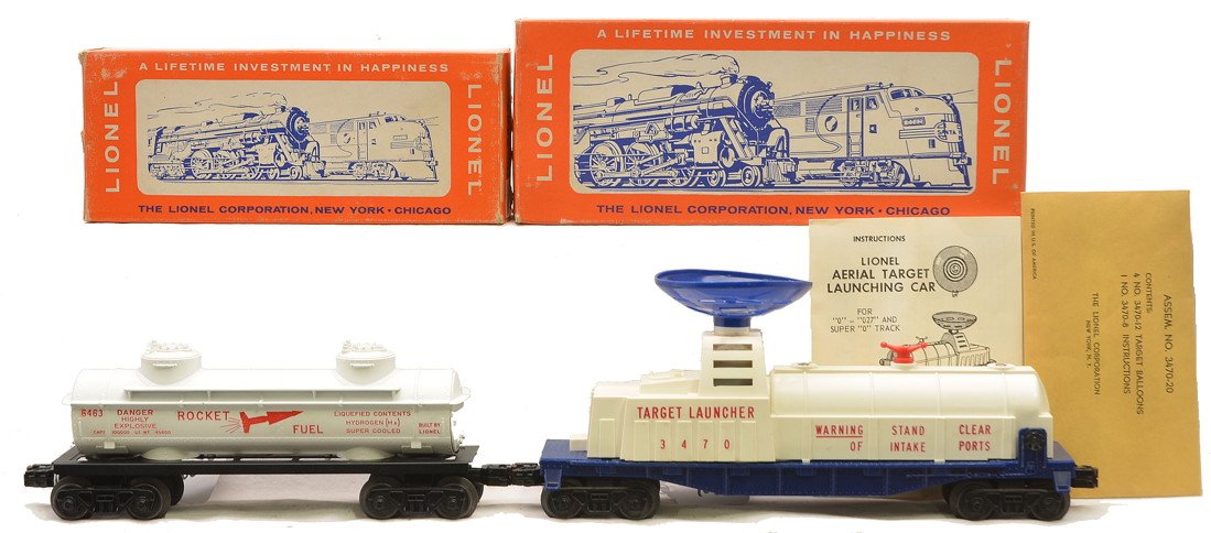 Lionel 3470 Target Launching 6463 Fuel Tank Cars: Lionel postwar 3470 aerial target launching car with instruction sheet and original packet and a 6463 rocket fuel tank car both in OBs, C8. The 3470 OB has all flaps attached. The 6463 has most all fl