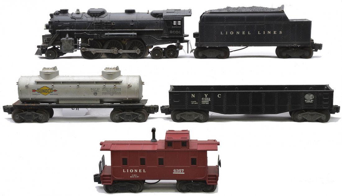 Lionel Freight Set 2036 6466W 6462 6465 6357: Lionel postwar freight set including; 2036 black steam loco, 6466W tender, 6462 black New York Central gondola, 6465 silver Sunoco two dome tank car and a 6357 caboose. Set is C6, except for the caboo