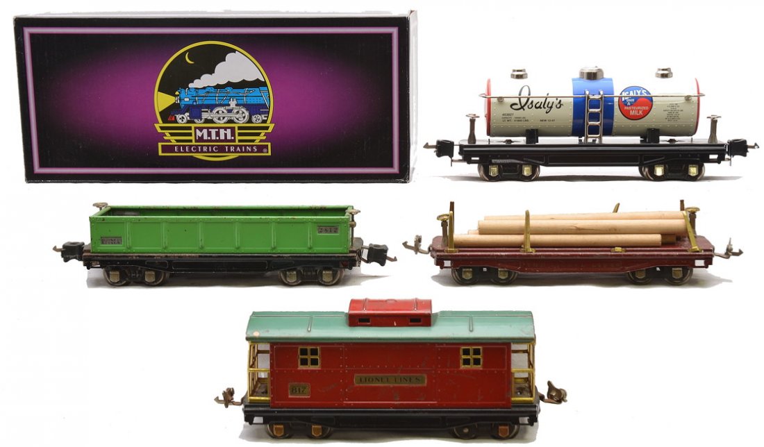 Lionel Freight Cars 2812 811 817 MTH 10-8065: Lionel prewar O gauge freight cars; 2812 45N green gondola with nickel trim and journals, 811 maroon flatcar with wood load, brass trim and nickel journals and an 817 red caboose with peacock roof, br