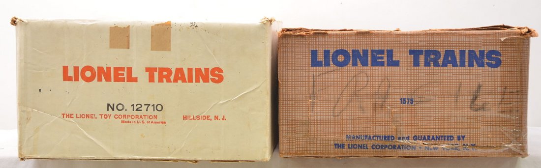 Lionel Original Set Boxes ONLY 1575 12710: Lionel postwar original set boxes only for a 1575 Missouri Pacific Alco freight set and a 12710 736 Berkshire freight set. The boxes show some wear.