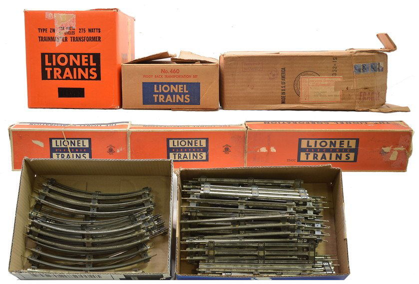 Lionel Selection of Postwar Original Boxes ONLY: Lionel postwar original boxes only for the following; Type ZW 275-watts transformer, 460 piggy back transportation set and a 2332 GG1 outer shipping, 2245C Texas Special F3 B unit and two 2046W tender