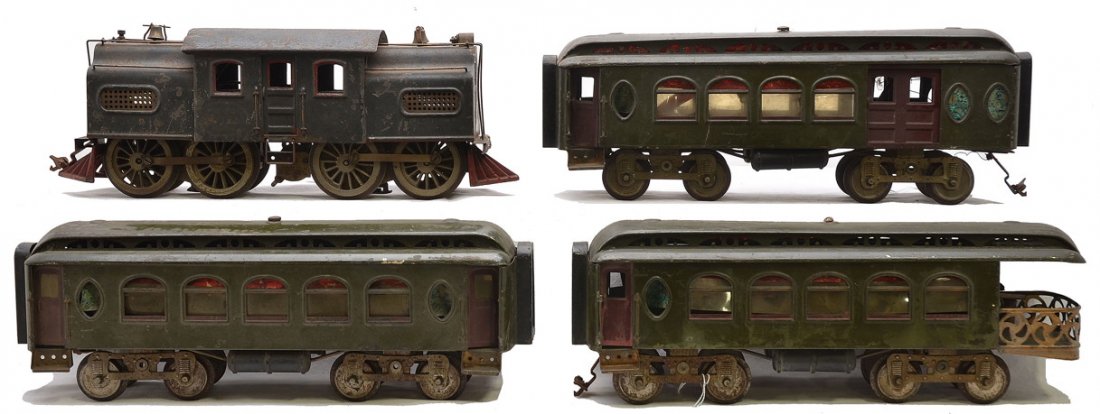 Lionel Dk. Olive Green Passenger Set no. 420: Lionel prewar standard gauge dark olive green passenger set no. 420 including; 42 gray dual motor electric loco, 18 Pullman 19 Pullman/baggage and a 190 observation with a long observation deck, C4.