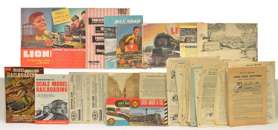 Lionel Postwar Catalogs Instruction Sheets: Lionel postwar original consumer catalogs from 1948 and 1949 and two reproduction catalogs from 1946. Also included are Marx instruction sheets and miscellaneous paperwork and catalogs. Please view ph