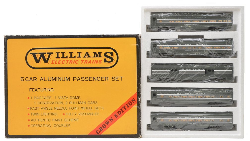 Williams 2801 NYC Aluminum Pass Car Set OB: Williams 2801 New York Central aluminum passenger car set including; baggage, vista dome, two Pullmans and an observation in OB. Cars have never been run, C9-10.