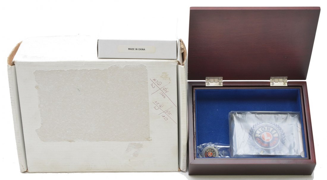 Lionel Century Club II Paperweight & Lapel Box: Lionel Century Club II paperweight and lapel pin in a wooden box and outer shipping box. Please view photo to verify condition.
