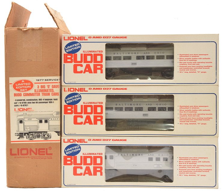 Lionel 1977 SSS B&O Budd Car Set 1766: Lionel 1977 Service Station Special Baltimore & Ohio Budd Car Set no. 1766 in individual OBs and master shipping carton containing; 8766 RDC-4 baggage, 8767 RDC-1 passenger and a 8768 RDC-1 passenger.