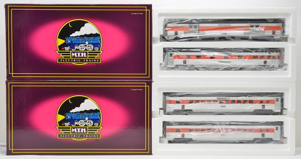 MTH New Haven Pass Cars 20-2197-B 20-2197-C: MTH New Haven 70 ft. streamlined ribbed passenger cars; 20-2197B two coaches and 20-2197-C New Haven baggage and observation car both in OBs, C9.