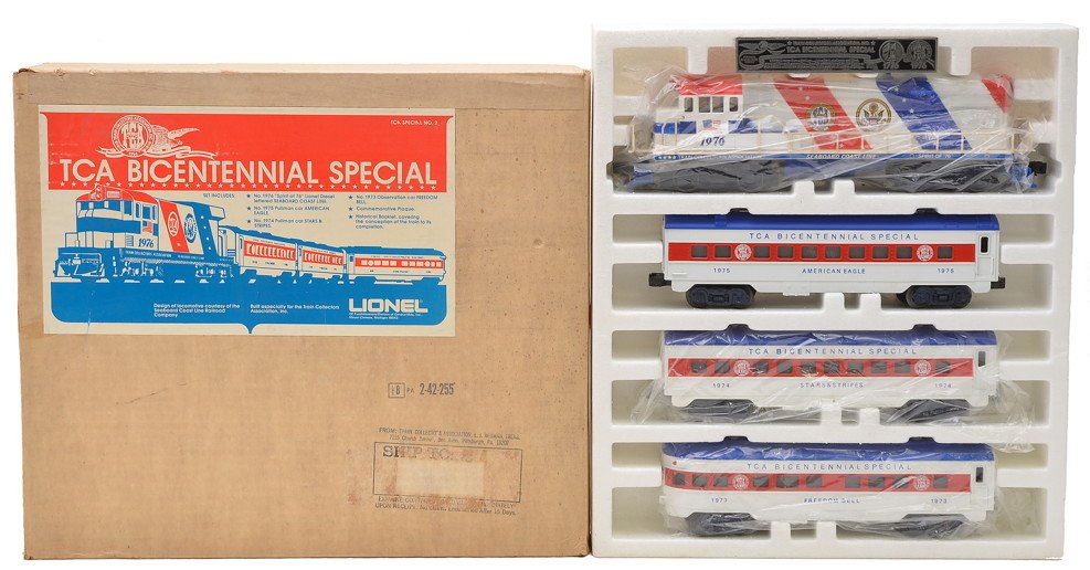 Lionel TCA Bicentennial Special no. 2 Pass Set: Lionel TCA Bicentennial Special no. 2 passenger set including; 1976 U36B diesel, 1974 Stars & Stripes Pullman, 1975 American Eagle Pullman and a 1973 Freedom Bell observation in OB. The engine is C7 a