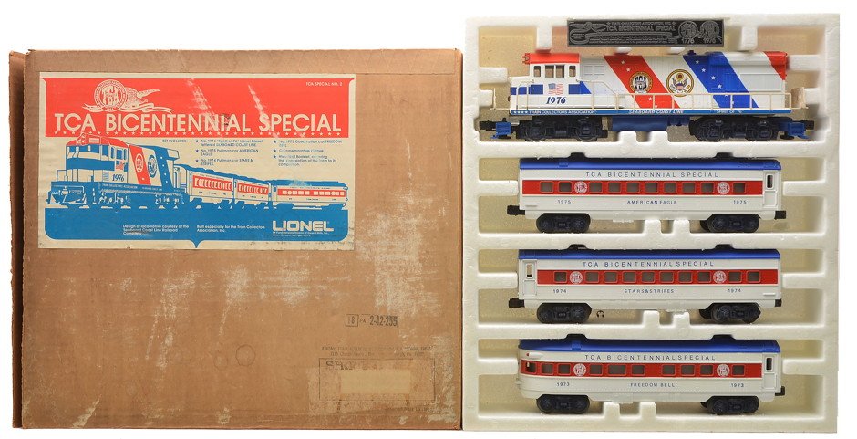 Lionel TCA Bicentennial Special no. 2 Pass Set: Lionel TCA Bicentennial Special no. 2 passenger set including; 1976 U36B diesel, 1974 Stars & Stripes Pullman, 1975 American Eagle Pullman and a 1973 Freedom Bell observation in OB. The engine is C7 a
