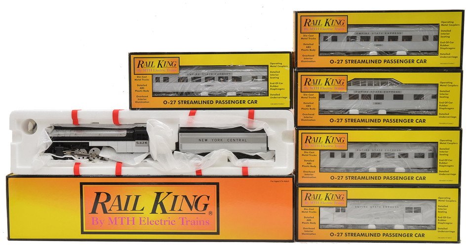 RK by MTH Empire State Express Pass Set OB: Rail King by MTH Empire State Express passenger set including; 30-1143-1 New York Central steam loco and tender with Proto-Sound and streamlined NYC passenger cars; 30-6113B baggage, 30-6113C coach, 3