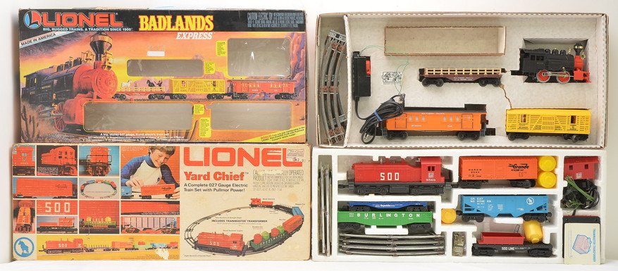 Lionel 1582 Yard Chief 11714 Badlands Express OBs: Lionel 1582 Yard Chief freight set in OB. The work caboose is broken, otherwise rest of set is C7. Also included is a 11714 Badlands Express train set in OB, C8.
