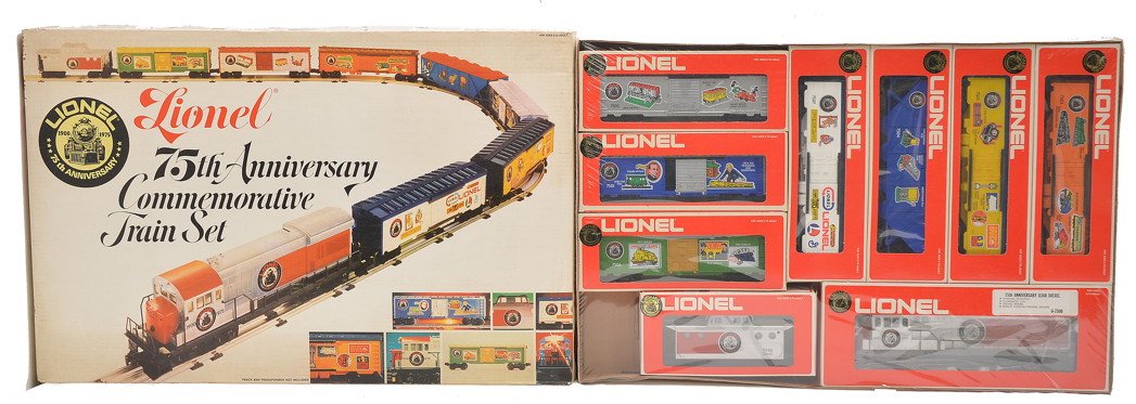 Lionel 1585 75th Anniversary Commemorative Set: Lionel 1585 75th Anniversary Commemorative Freight Train set factory sealed in individual OBs and set box, C10. Box lid shows some wear.