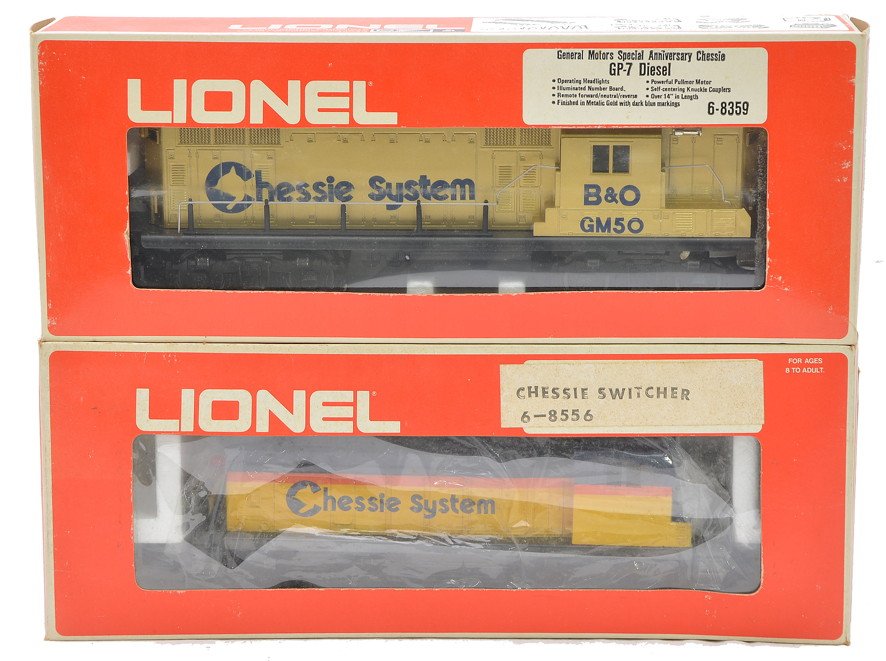 Lionel 8359 GM Chessie GP7 8556 Chessie Switcher: Lionel 8359 General Motors Special Anniversary Chessie GP7 diesel and a 8556 Chessie NW2 switcher both in OBs. The 8359 is C8 and the 8556 is C9.