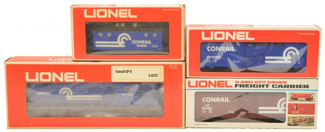 Lionel Conrail 8757 GP7 9400 9785 9186 OBs: Lionel Conrail 8757 GP7 diesel and freight cars; 9400 boxcar, 9785 boxcar and a 9186 lighted porthole caboose all in OBs. The loco and caboose are C8. The boxcars are C9.