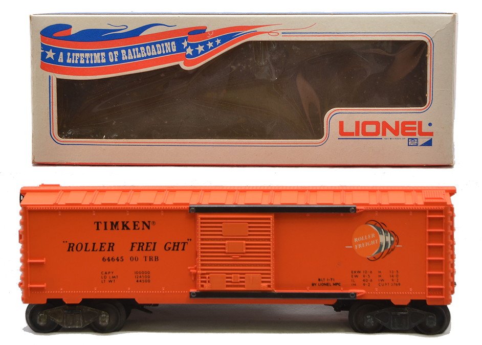 Lionel 6464-500 Orange Timken Boxcar from 1970: Lionel 6464-500 orange Timken boxcar uncataloged from 1970 with postwar die-cast bar end trucks in OB. The car has never been run, however one truck has some discoloration, C9.