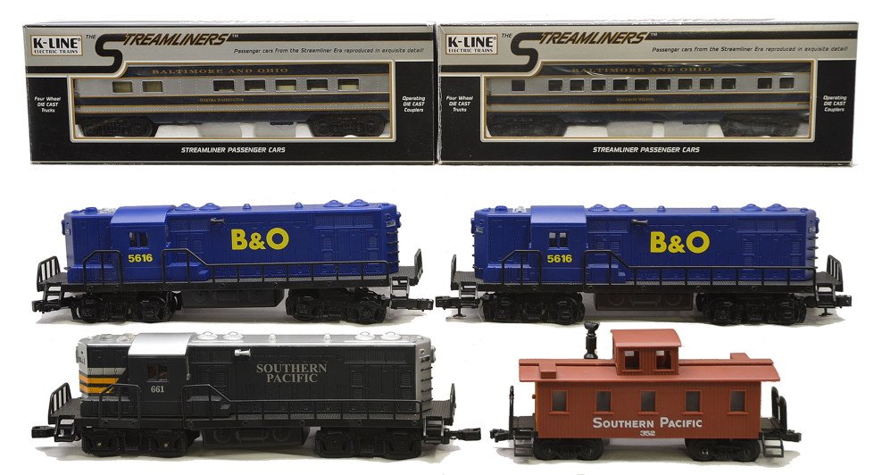 K-Line B&O Diesels Pass Cars SP Diesel Caboose: K-Line two B&O diesels that are numbered 5616 on the cab. and B&O streamliner passenger cars in OBs; K4510-0004 Martha Washington diner and a K4510-0005 Woodrow Wilson coach. Also included is a Southe
