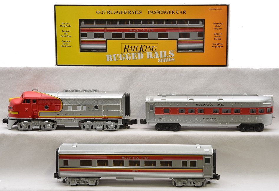 MTH SF Alco Power A Unit 33-6020 & Coach: MTH Rail King Santa Fe Alco power A unit numbered 18, Rail King Rugged Rails Series 33-6020 Santa Fe Streamlined full-length vista dome car in OB and a Santa Fe Streamlined coach numbered 2871. Also i