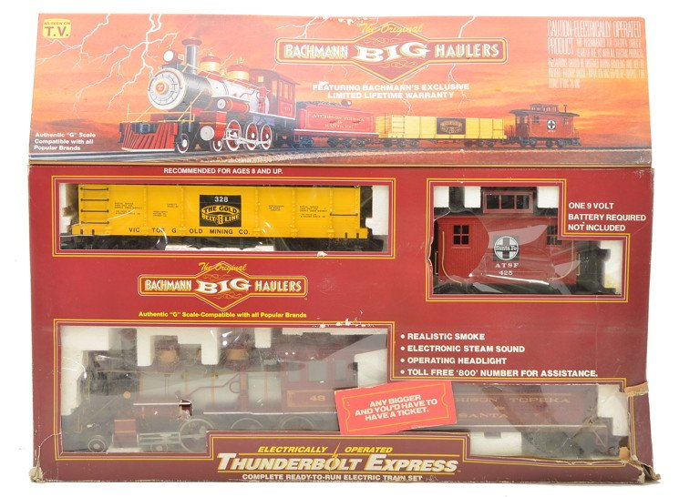 Bachmann Big Haulers 90011 Thunderbolt Express: Bachmann Big Haulers G gauge 90011 Thunderbolt Express ready to run train set in OB. The track is missing from the set. Set is C6-7. The box is damaged.