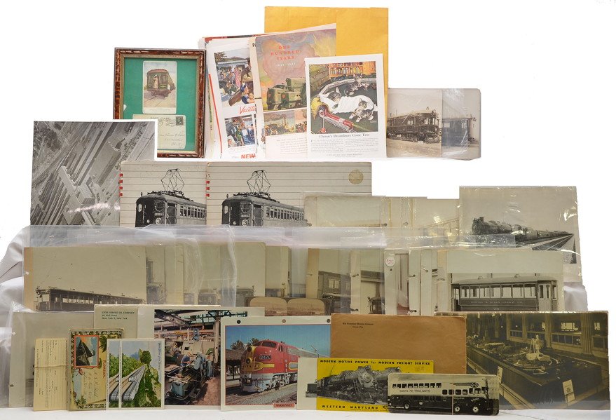 Selection of Vintage RR Photos Albums Postcards: Large Selection of vintage railroad photographs, two Electric Railways trains albums of photographs, Cities Service Oil Co. Antique Locomotive Prints, railroad magazine ads and vintage railroad/bus po