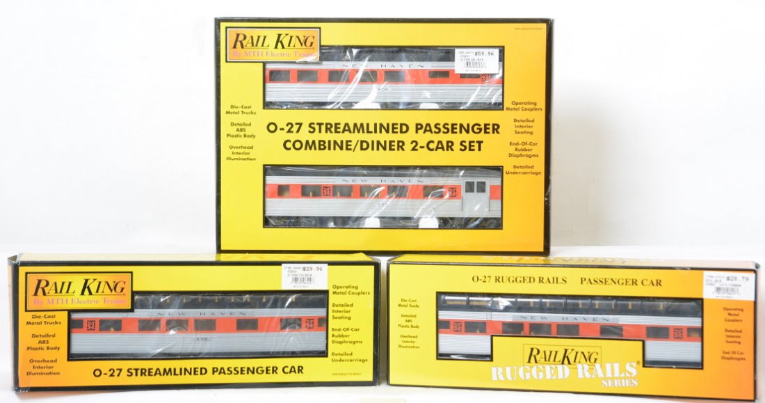 Railking New Haven four car passenger set: MTH Railking modern O gauge New Haven four car passenger set in OBs. Includes 6137 combo diner set, 6017 vista dome, and 6144 vista dome. Cars are C8.