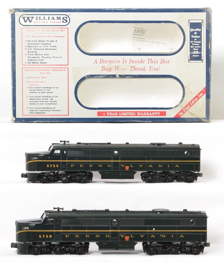 Williams Pennsylvania Alco PA A-A: Williams modern O gauge 965750 Pennsylvania Alco PA A-A set with horn in OB. Set is C7 due to a broken rear truck mount on the dummy unit. Bodies otherwise look C8. OB has mild wear.