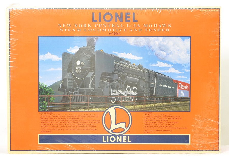 Lionel 18064 New York Central Mohawk sealed: Lionel modern O gauge 18064 New York Central Mohawk steam locomotive in OB. Loco features TMCC, Railsounds, Electrocoupler, smoke unit and much more. Loco is factory sealed in plastic C10.