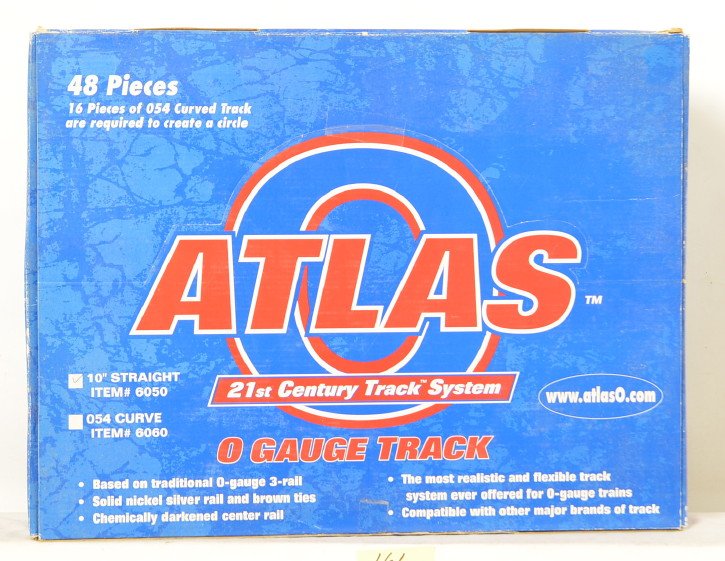 48 Atlas O 054 curved sections: Atlas modern O gauge nickel silver curved track in OB. Full box of forty eight sections of 6060 054 track. Track is layout used, clean C8.