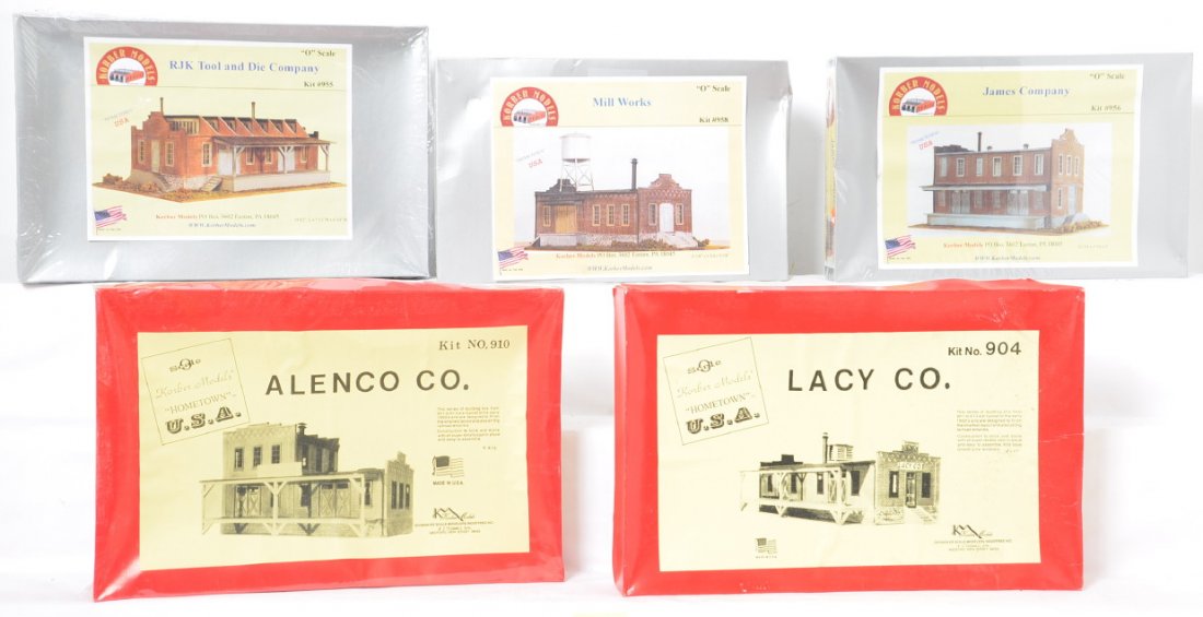 5 Korber kits 910, 904, 958, 955, 956: Korber Models modern O gauge building kits in OBs. Five kits include 958 Mill Works, 955 RJK Tool and Die, 956 James Company, 910 Alenco. Co. and 904 Lacy Co. Kits are C9-10