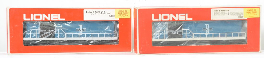 Lionel Boston and Maine GP-9 pair 8654 8655: Lionel modern O gauge Boston and Maine GP-9 power and dummy pair in OBs. Catalog numbers 8654 and 8655. Locos are C8-9. OBs are clean and square with Charles Ro stickers on the front.