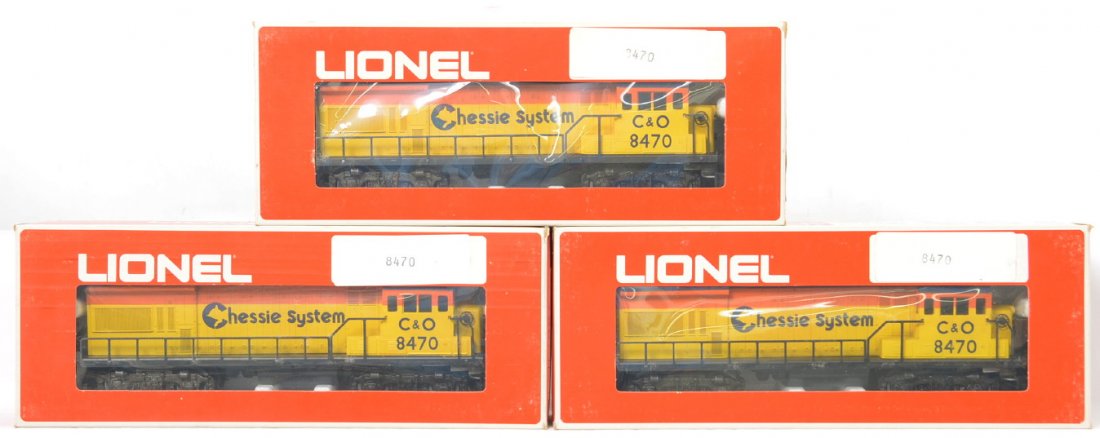 3 Lionel 8470 Chessie System U36B locos: Lionel modern O gauge 8470 Chessie System U36B locos in boxes. OBs are over stickered and may not be original. Locos are C9-10. OBs are also super clean with only light corner wear.