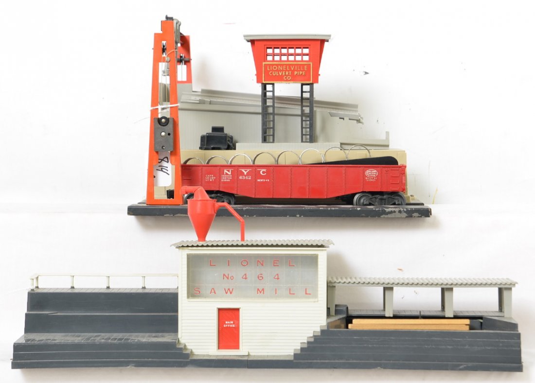 Lionel Postwar Accessories 464 & 345: Includes 464 lumber mill in great shape with minor surface scratches and a couple planks but no controller. The 345 culvert unloader has a lot of scratches and paint loss but no broken pieces, the gon