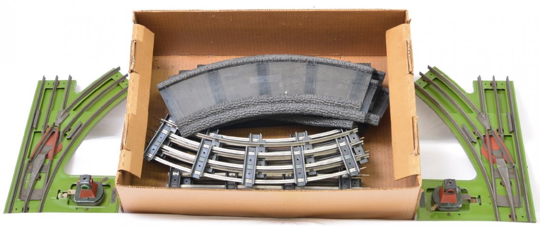 Lionel Standard Gauge Track Track Bed & Switches: Includes eight curve and six straight track sections, eight curve and four straight track bed sections (made in Malaysia) and one pair of 210 manual switches in working condition but completely repain