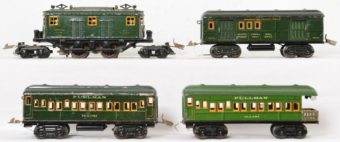 American Flyer Prewar O 3020 3000 3010 3010: prewar O gauge 3020 box cab 4-4-4 electric locomotive with 3000 AFL post office car and two 3010 Illini Pullman cars with one being an observation car. The observation car has different color and diff
