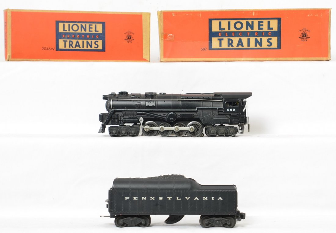 Lionel 682 steam turbine & 2046-50 tender in OBs: Super clean locomotive with great lettering and very little paint loss, nice clean 2046W-50 tender with very little paint loss and no broken steps. These both have their correct original boxes with so